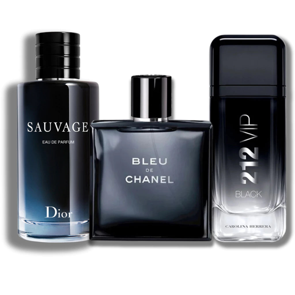 COMBO DE 3 PERFUMES DE HOMBRE - SAUVAGE DIOR + 212 VIP BLACK + BLEU de CHANEL